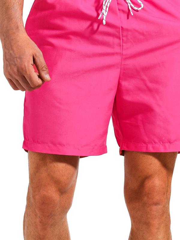 Men Swim Trunks Solid Drawstring Waist Beach Shorts, Regular Fit Casual Pocket Swim Gym Shorts for Summer, Men's Swimwear for Beach Vacation