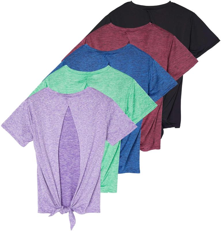 5 Pack: Women's Short Sleeve Open Back Tie Back Dry-Fit T-Shirt -Yoga Gym Workout Top