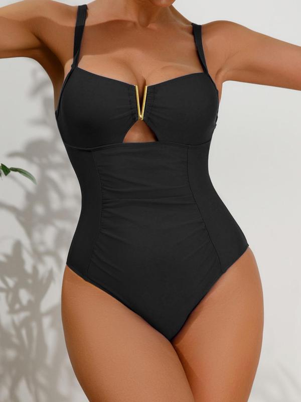 Women's Cut Out Ruched One-piece Swimsuit, Summer Clothes Women, Solid Backless Adjustable Strap Swimwear, Bathing Suits 2024 for Women, Summer Tummy Control Swimwear, Ladies Summer Beach Vacation Clothing