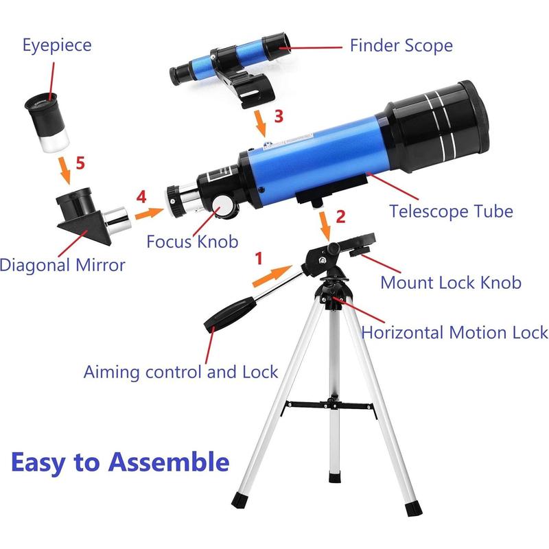 70mm Telescope for  & Astronomy Beginners, Refractor Telescope with Tripod & Finder Scope, Portable Telescope with 4 Magnification eyepieces & Phone Adapter Blue