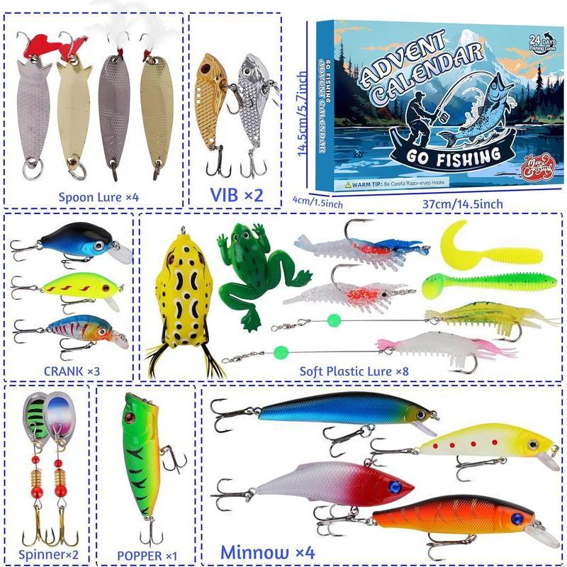 Advent Calendar 2024 Fishing Lure for Man Adult Teen - 24 Days Christmas Countdown Fish Tackle Set - Xmas Surprise Fish Bait Gift for Father Grandpa Brother Boyfriend