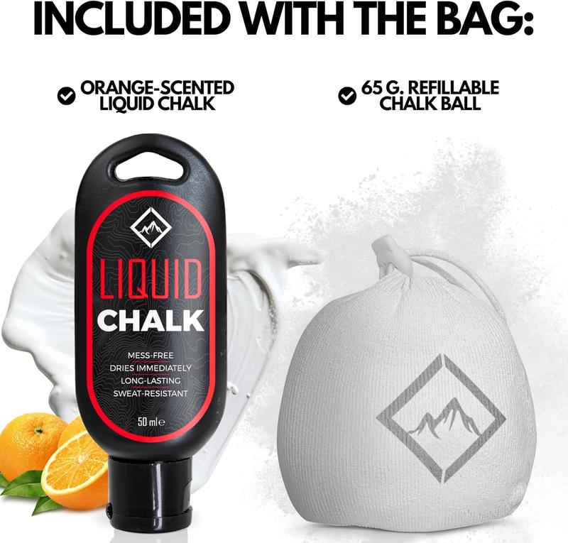 Chalk Bag + Chalk Ball + Liquid Chalk - Iconic Topographical Map, Draw String Closure, 2 Zippered Pockets, & Brush Holder - Chalk Bag for Rock Climbing, Bouldering, Weightlifting, Gymnastics