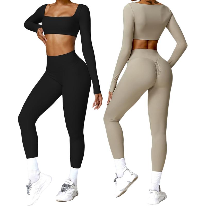 2-Pack Workout Sporty Jumpsuit For Women Built-in Bra Long Sleeve Romper Square Neck Tank Top Gym Yoga Jumpsuit