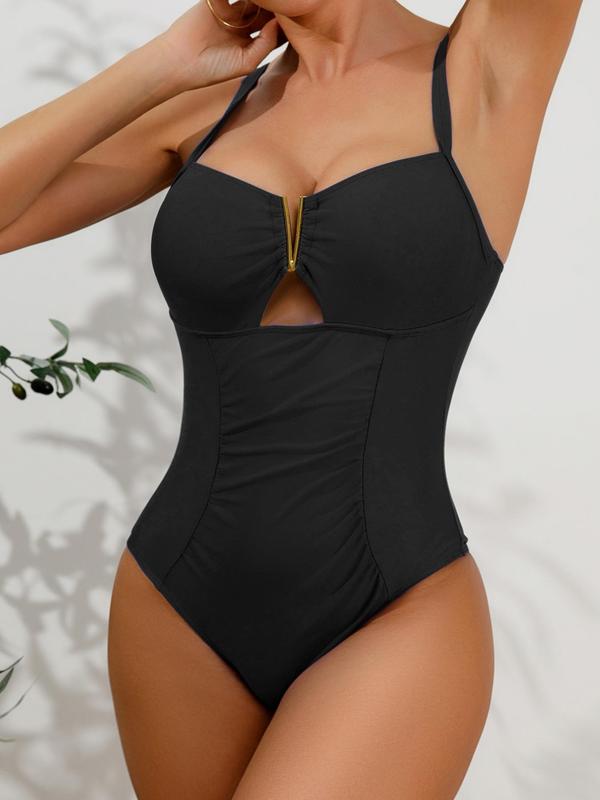 Women's Cut Out Ruched One-piece Swimsuit, Summer Clothes Women, Solid Backless Adjustable Strap Swimwear, Bathing Suits 2024 for Women, Summer Tummy Control Swimwear, Ladies Summer Beach Vacation Clothing