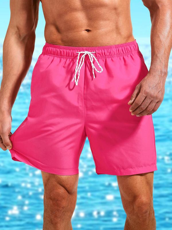 Men Swim Trunks Solid Drawstring Waist Beach Shorts, Regular Fit Casual Pocket Swim Gym Shorts for Summer, Men's Swimwear for Beach Vacation