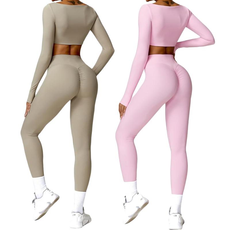 2-Pack Workout Sporty Jumpsuit For Women Built-in Bra Long Sleeve Romper Square Neck Tank Top Gym Yoga Jumpsuit