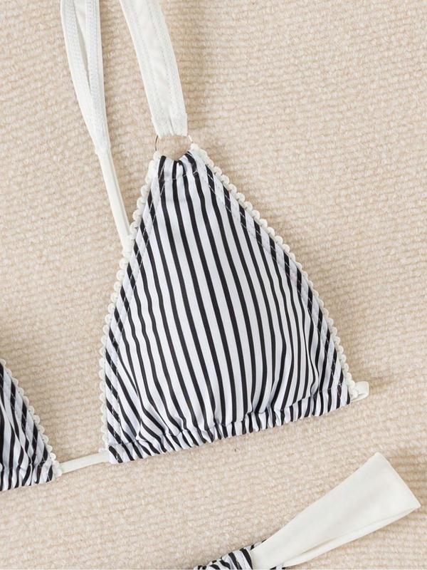 Two-Piece Set Women's Colorblock Striped Print Bikini Set, Casual Tie Backless Swim Bra & Swim Panty, Fashion Chic Ladies Bathing Suit for Beach Holiday Vacation