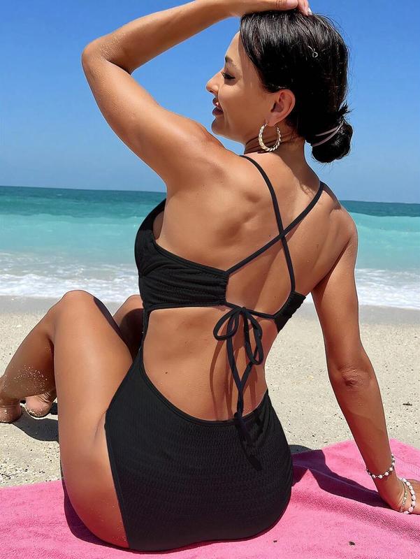 Summer Beach Women Solid Color Deep V-Neck Backless Cross Strap One Piece Swimsuit In Beach Holiday Style