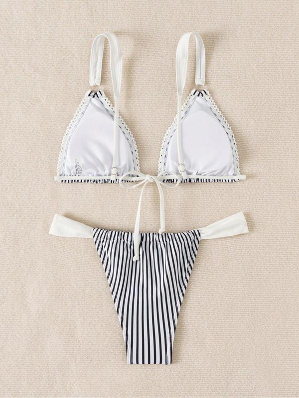 Two-Piece Set Women's Colorblock Striped Print Bikini Set, Casual Tie Backless Swim Bra & Swim Panty, Fashion Chic Ladies Bathing Suit for Beach Holiday Vacation