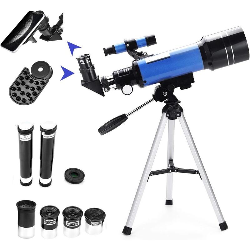 70mm Telescope for  & Astronomy Beginners, Refractor Telescope with Tripod & Finder Scope, Portable Telescope with 4 Magnification eyepieces & Phone Adapter Blue