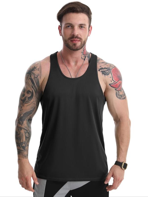 Men's Regular Fit Solid Scoop Neck Sports Vest, Casual Quick Drying Breathable Tank Top for Gym Workout Running, Mens Sportswear for All Seasons