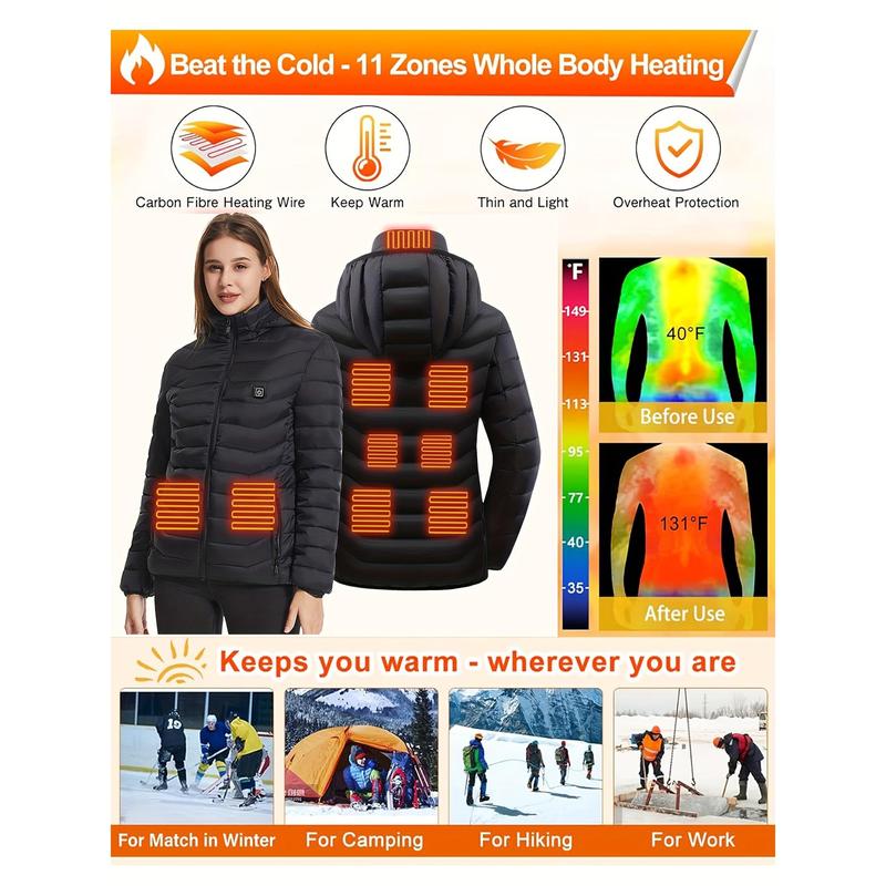 3 Heating Levels 9 Heating Zones USB Electric Heated Women's Long Sleeved Jacket, Warm Clothing for Outdoor Camping, Hiking, and Skiing (excluding battery pack)