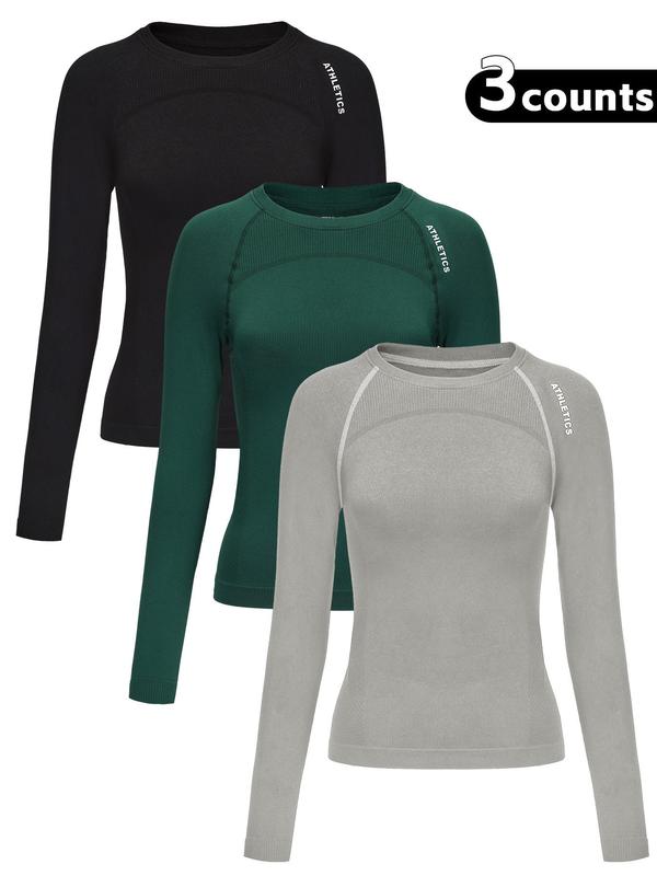 Women's Letter Print Baselayer Top, Long Sleeve Round Neck Compression Top for Yoga Gym Workout, Ladies Sportswear for Fall & Winter