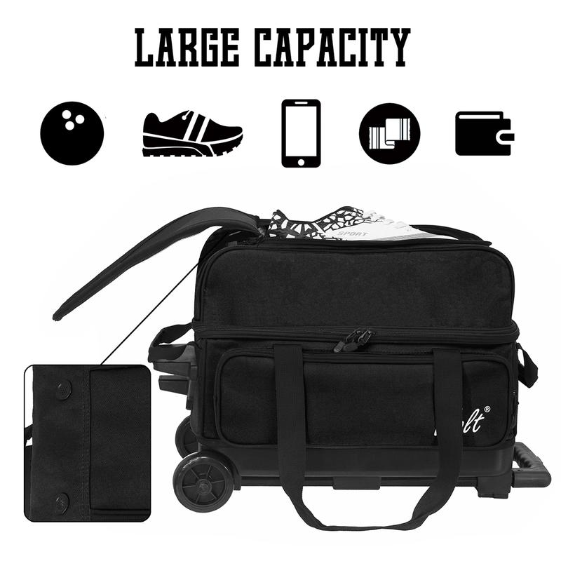 WOLT | Double Roller 2 Ball Bowling Bag with Separate Shoe Compartment, Large Capacity Bowling Ball Bag with Accessory Pocket, Retractable Handle extends to 40