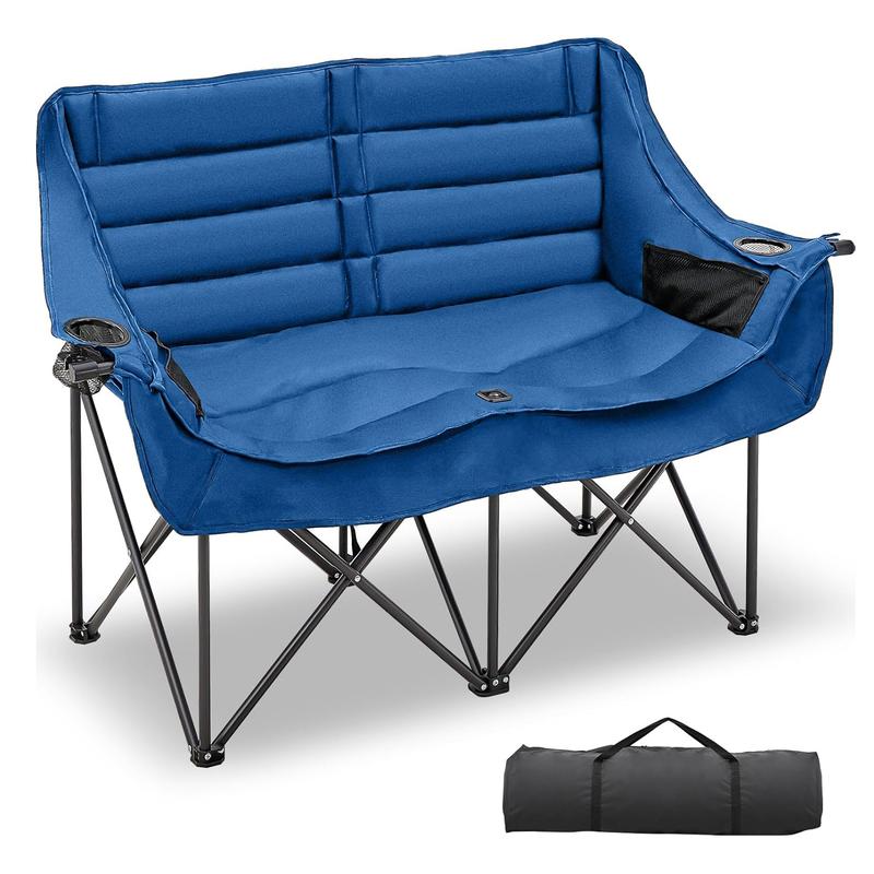 MOPHOTO Loveseat Double Camping Chair, Fully Padded Folding Camping Loveseat Duo Chair for Adults, Oversized Double Folding Chair, Camping Bench Lawn Chairs Patio Lounge Chairs for Adults