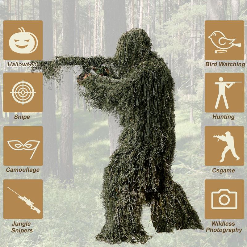 Slsy 5 in 1 Ghillie Suit, 3D Camouflage Hunting Apparel Including Jacket, Pants, Hood, Carry Bag Suitable for Unisex Adults Youth (M L XL XXL)