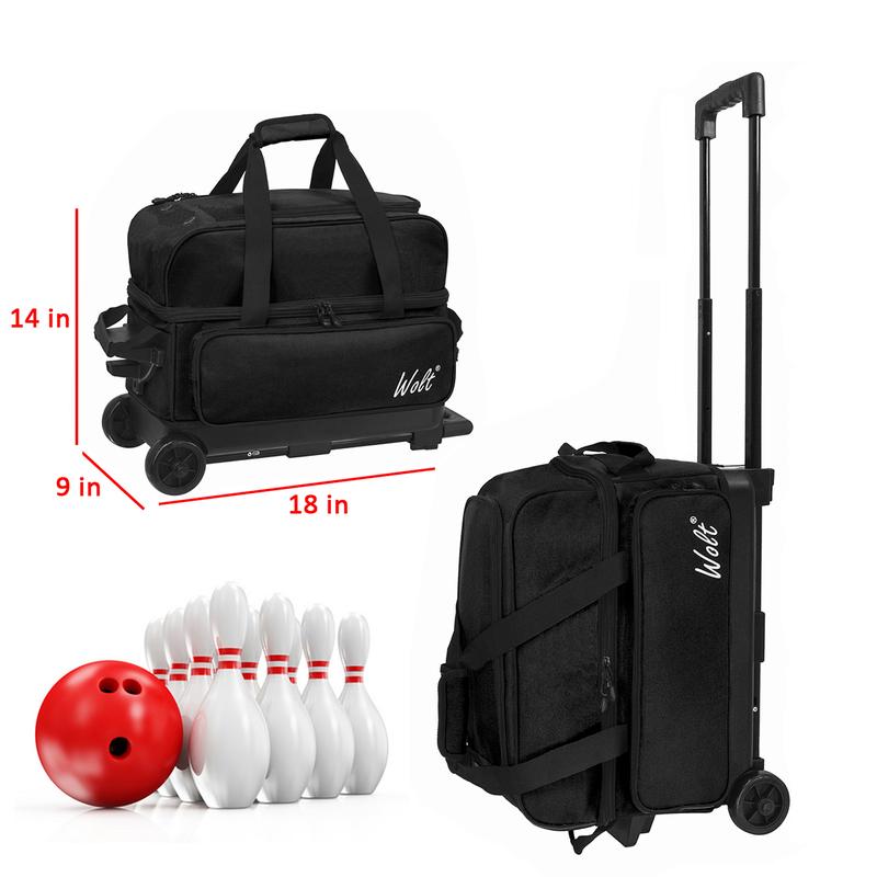 WOLT | Double Roller 2 Ball Bowling Bag with Separate Shoe Compartment, Large Capacity Bowling Ball Bag with Accessory Pocket, Retractable Handle extends to 40