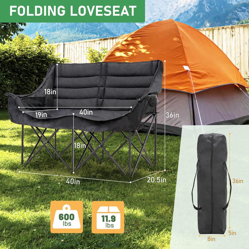 MOPHOTO Loveseat Double Camping Chair, Fully Padded Folding Camping Loveseat Duo Chair for Adults, Oversized Double Folding Chair, Camping Bench Lawn Chairs Patio Lounge Chairs for Adults