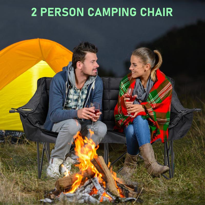 MOPHOTO Loveseat Double Camping Chair, Fully Padded Folding Camping Loveseat Duo Chair for Adults, Oversized Double Folding Chair, Camping Bench Lawn Chairs Patio Lounge Chairs for Adults