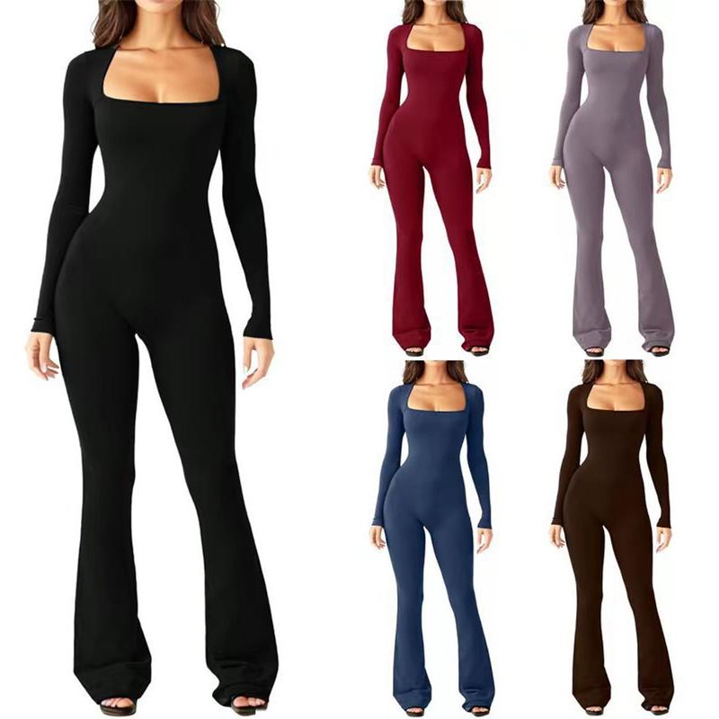 Long Sleeve Bodycon Jumpsuit for Women Square Neck One Piece Yoga Workout  Playsuit Stretchy Flared Bottom Pants Romper Clothes Athletic