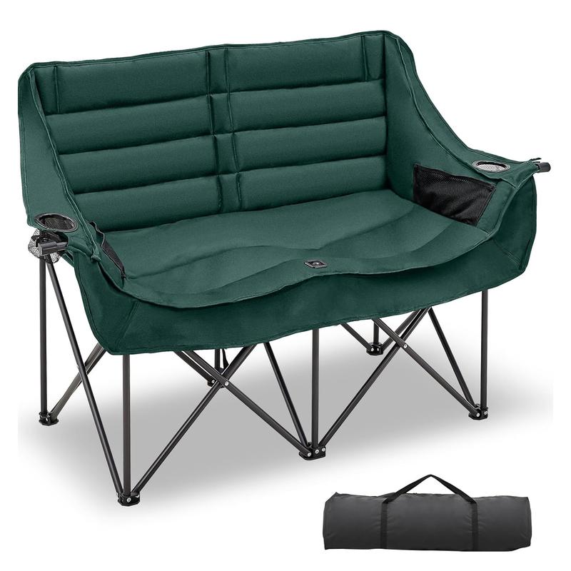 MOPHOTO Loveseat Double Camping Chair, Fully Padded Folding Camping Loveseat Duo Chair for Adults, Oversized Double Folding Chair, Camping Bench Lawn Chairs Patio Lounge Chairs for Adults