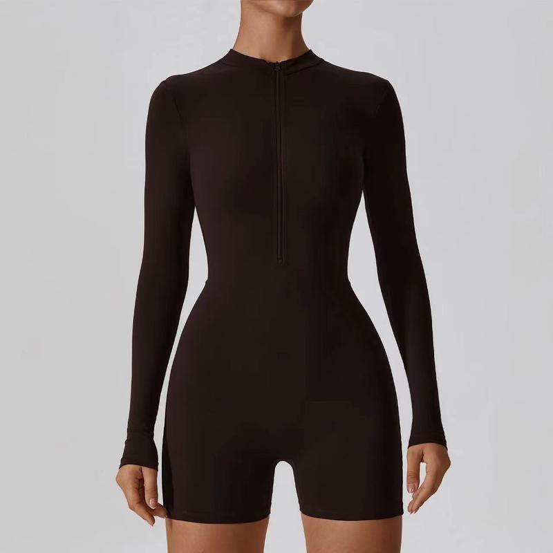 Zipper Nude Long Sleeve Yoga Bodysuit Women's Sports Fitness Training Dance One-piece Leotard