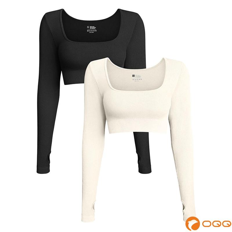 OQQ Women's 2 Piece Crop Top Ribbed Seamless Workout Exercise Long Sleeve Crop Tops