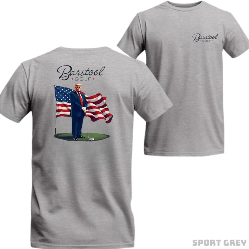 Barstool Golf T-Shirt - Patriotic Graphic with Golf and American Flag, suitable for golf enthusiasts, casual and comfortable T-shirt, ideal for daily wear. Unisex.