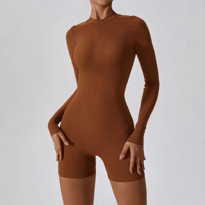 Zipper Nude Long Sleeve Yoga Bodysuit Women's Sports Fitness Training Dance One-piece Leotard