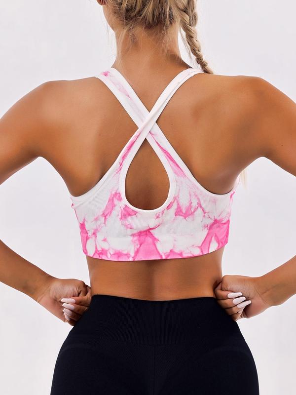 Women's Tie Dye Print Criss Cross Backless Sports Vest, Fall Outfits, Back To School Scoop Neck Seamless Sports Top Fall, Weighted Vest, Fall Outfits, Ladies Sportswear for Running Gym Workout, Running Vest