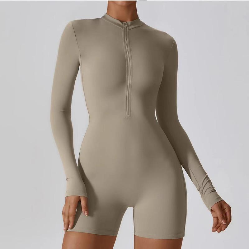 Zipper Nude Long Sleeve Yoga Bodysuit Women's Sports Fitness Training Dance One-piece Leotard