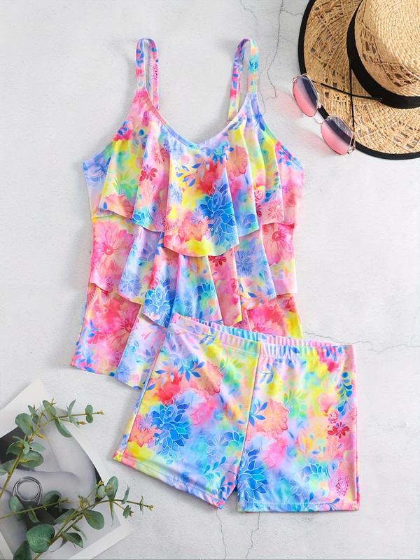 Women's Tie Dye & Floral Print Tankini Set, Casual Adjustable Spaghetti Strap Swim Top & Swim Shorts, Ladies Swimsuit for Beach Holiday Vacation