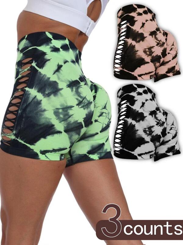 Sporty Women's Tie Dye Print Criss Cross Cut Out Sports Shorts, Casual Comfy Breathable Wide Waistband Skinny Yoga Shorts, Ladies Sportswear for Indoor Outdoor Wear