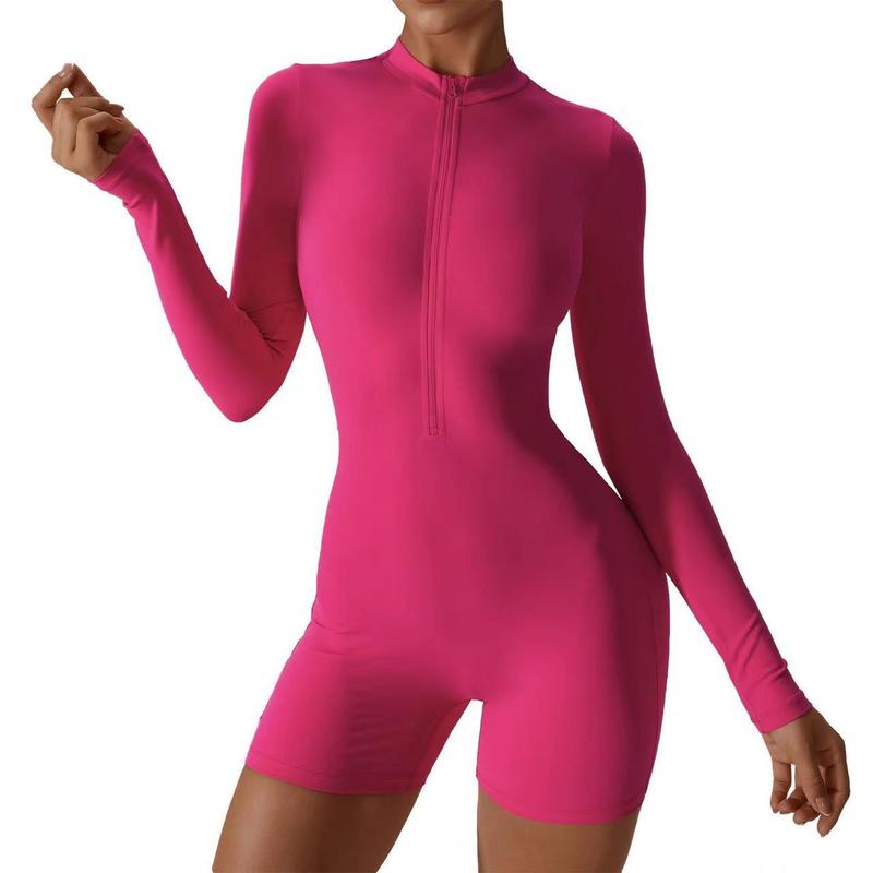 Zipper Nude Long Sleeve Yoga Bodysuit Women's Sports Fitness Training Dance One-piece Leotard