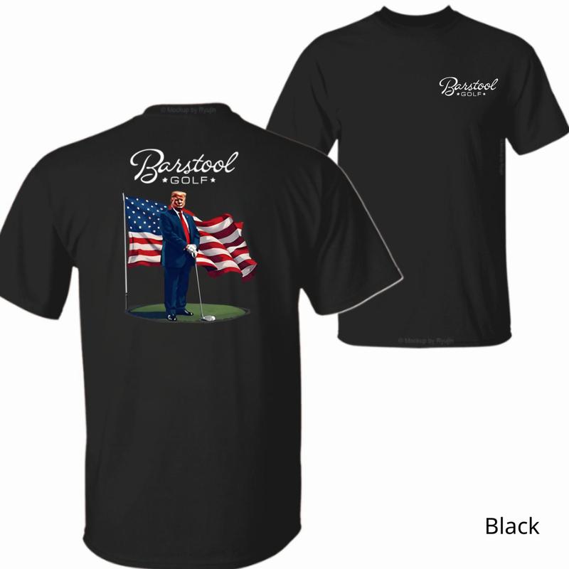 Barstool Golf T-Shirt - Patriotic Graphic with Golf and American Flag, suitable for golf enthusiasts, casual and comfortable T-shirt, ideal for daily wear. Unisex.