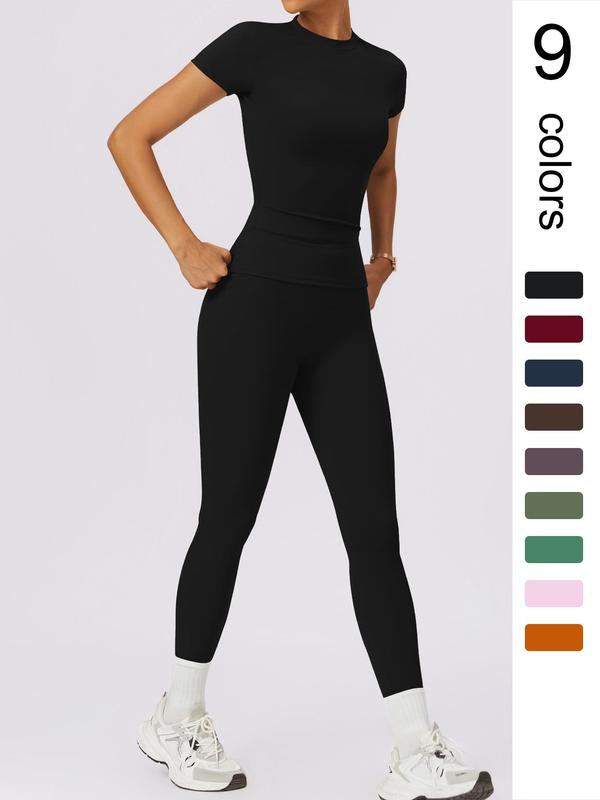 Two-piece Set Women's Solid Round Neck Tee & High Waist Leggings Tracksuit Set, Sporty Quick Drying Outfits for Yoga Gym Workout Running Cycling, Jogging Suit Set, Ladies Sportswear for Fall, Black Girl Outfits, Gym Sets for Women, Workout Sets