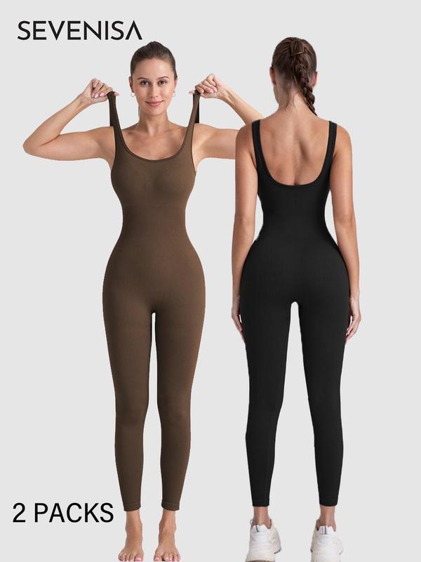 Women's Solid Backless Square Neck Sports Jumpsuit, Casual Sporty Sleeveless Jumpsuit for Yoga Gym Workout, Ladies Sportswear for All Seasons