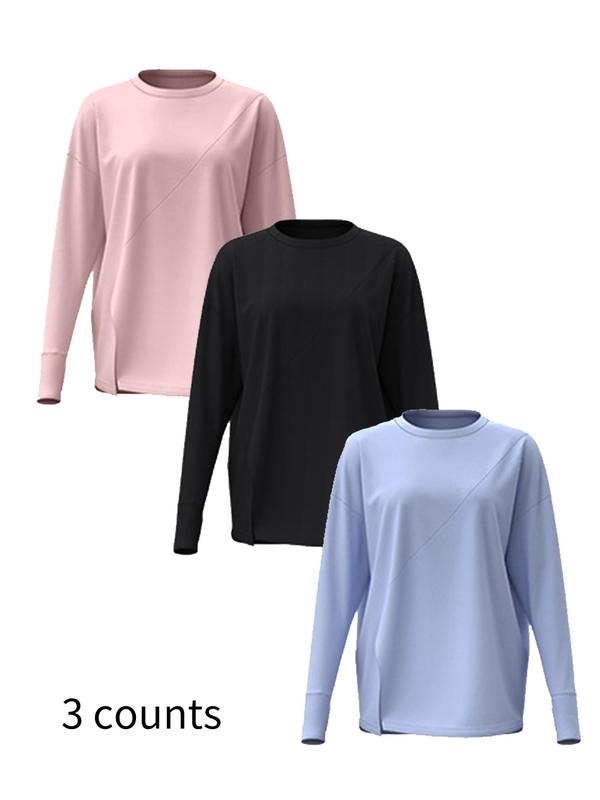 Women's Solid Round Neck Split Hem Long Sleeve Sports Tee, Sporty Crew Neck T-Shirt for Yoga Gym Workout Running, Ladies Sportswear for Fall & Winter