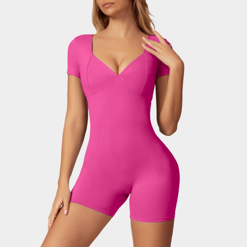 OEAK V Neck Short Sleeve Jumpsuit Women Yoga Rompers Workout Sexy V Waist Scrunch Tummy Control Bodycon Scrunch Butt Yoga Romper