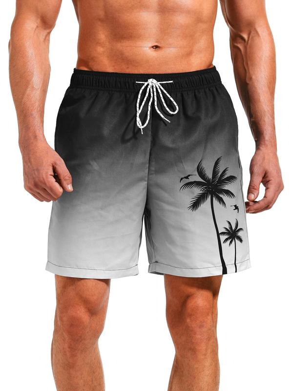 Men Swim Trunks Regular Fit Ombre Coconut Tree Print Drawstring Waist Beach Shorts, Casual Pocket Beach Gym Shorts, Summer Beach Shorts for Men