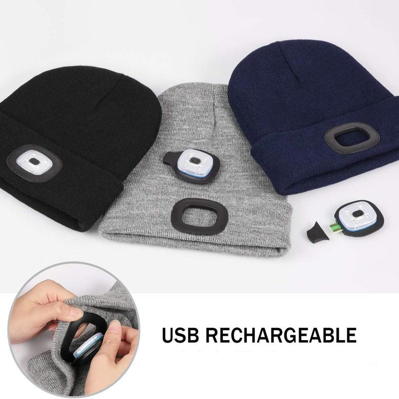 LED Beanie Hat with Light, USB Rechargeable Headlamp Winter Knitted Cap, Sports & Outdoor Hats for Men