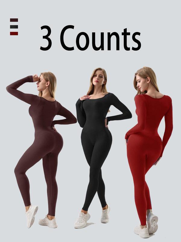 Women's Solid Ribbed Square Neck Body Contouring Sports Jumpsuit, Long Sleeve Bodycon One Piece Jumpsuit for Outdoor Sports, Gym Clothing, Ladies Sportswear Clothing