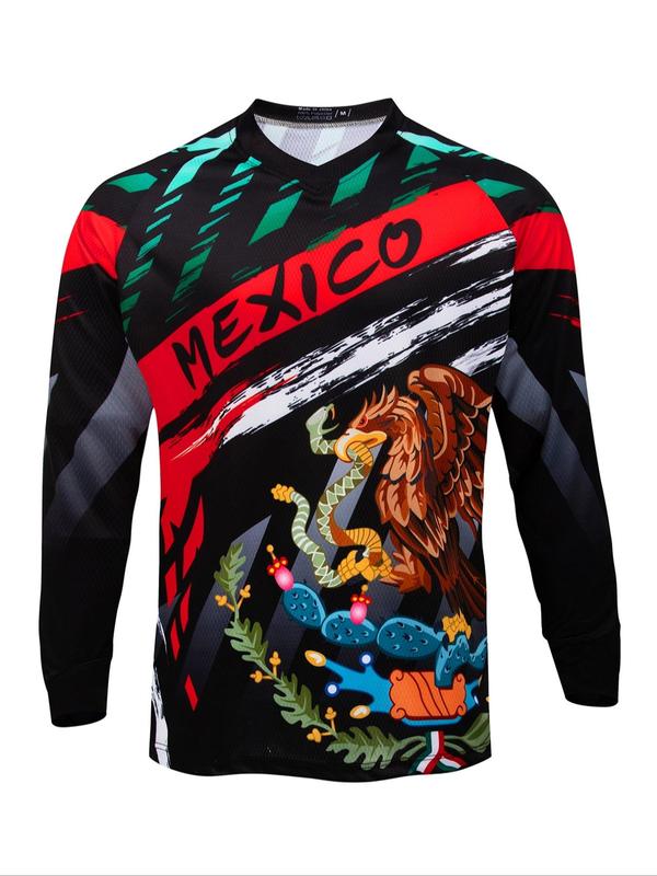 Men's All Over Print V Neck Sports Tee, Regular Fit Sporty Long Sleeve T-Shirt for Cycling Riding, Men's Sportswear for All Seasons