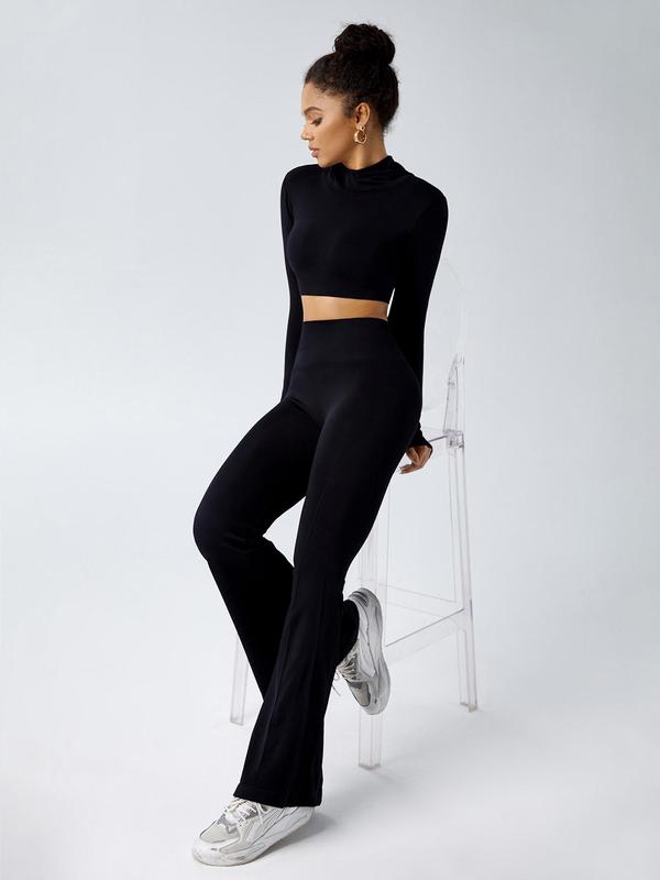 Two-Piece Set Women's Solid Long Sleeve Hooded Crop Top & High Waist Flare Leg Pants Tracksuit Set, Sporty Comfy Seamless Two-Piece Outfits for Yoga Gym, Women Tracksuits