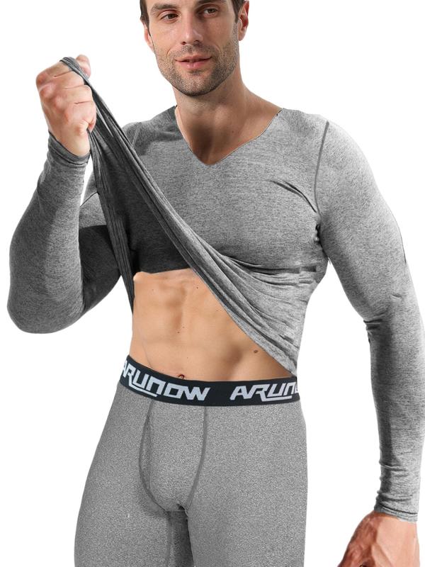 Two-Piece Set Men's Long Sleeve V Neck Tee & Letter Tape Leggings Tracksuit Set, Casual Comfy Breathable Tight-fitting Sportswear Set for Fall & Winter, Men's Sportswear for Indoor Outdoor Wear