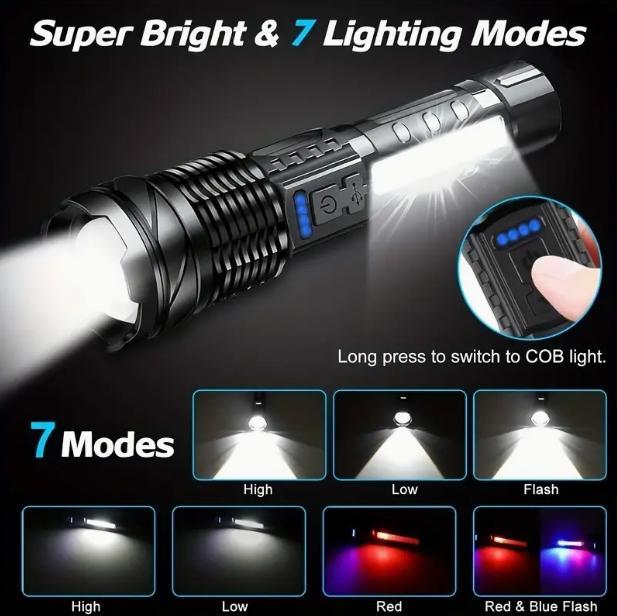 Strong Light Flashlight  Lighting More 1Mile Lasts 8 Hours Emergency Lighting White Flashlight With Red &Blue Alarm Lights Camping Gadgets 2024 Waterproof Rechargeable Flashlight Mountain Climbing Outdoor Night Road Garden Lighting