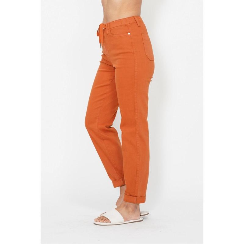 JUDY BLUE HI WAISTED AUBURN ORANGE GARMENT DYED DOUBLE CUFF JOGGERS