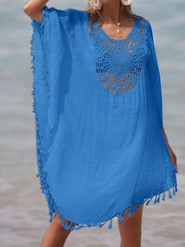 Women's Plain Fringe Trim Hollow Out Sheer Cover Up, Summer Clothes Women, Casual Batwing Sleeve V Neck Cover Up, Lady Swimwear for Beach Holiday