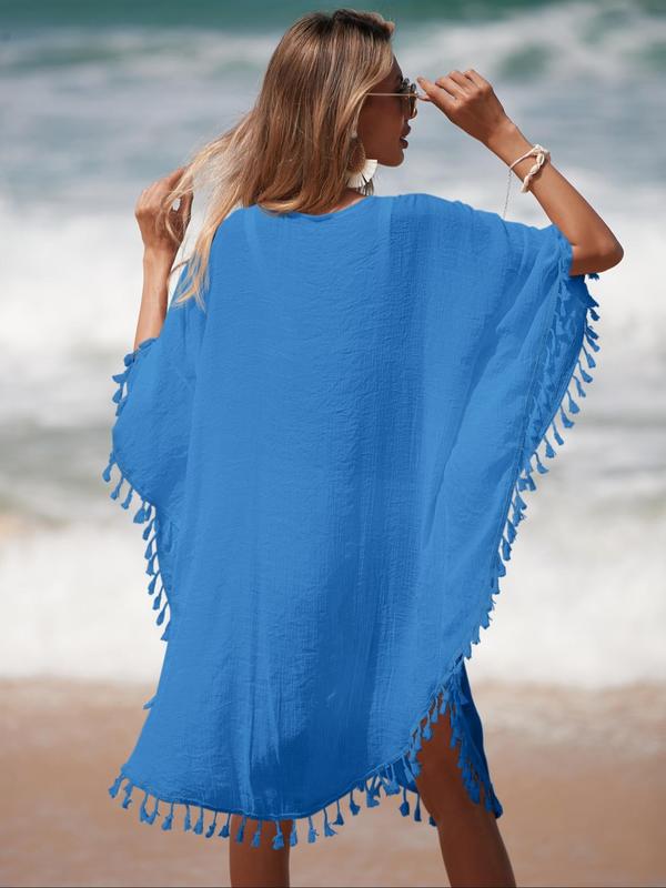 Women's Plain Fringe Trim Hollow Out Sheer Cover Up, Summer Clothes Women, Casual Batwing Sleeve V Neck Cover Up, Lady Swimwear for Beach Holiday