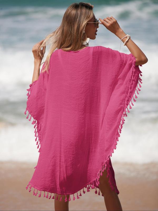 Women's Plain Fringe Trim Hollow Out Sheer Cover Up, Summer Clothes Women, Casual Batwing Sleeve V Neck Cover Up, Lady Swimwear for Beach Holiday